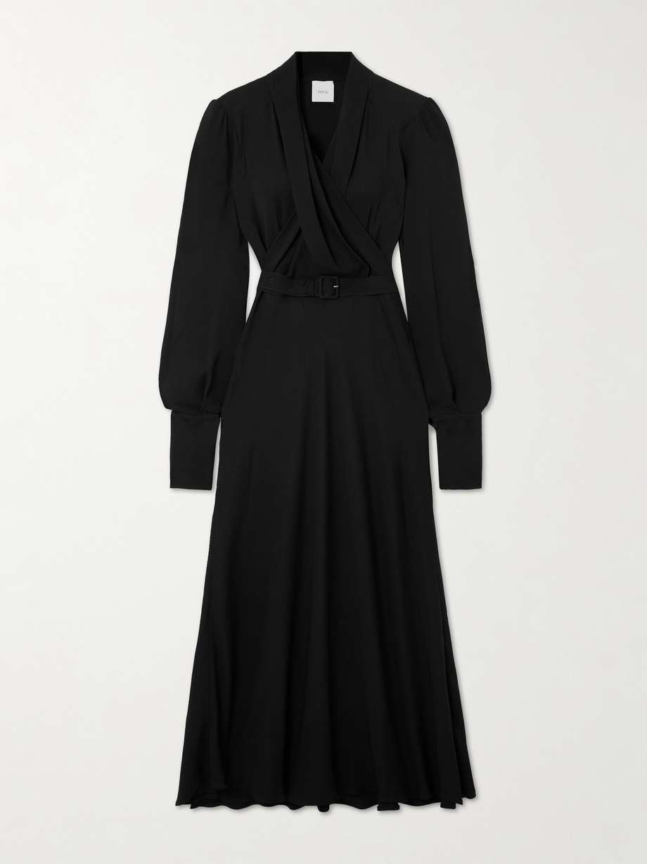 belted draped wrap-effect recycled crepe midi dress