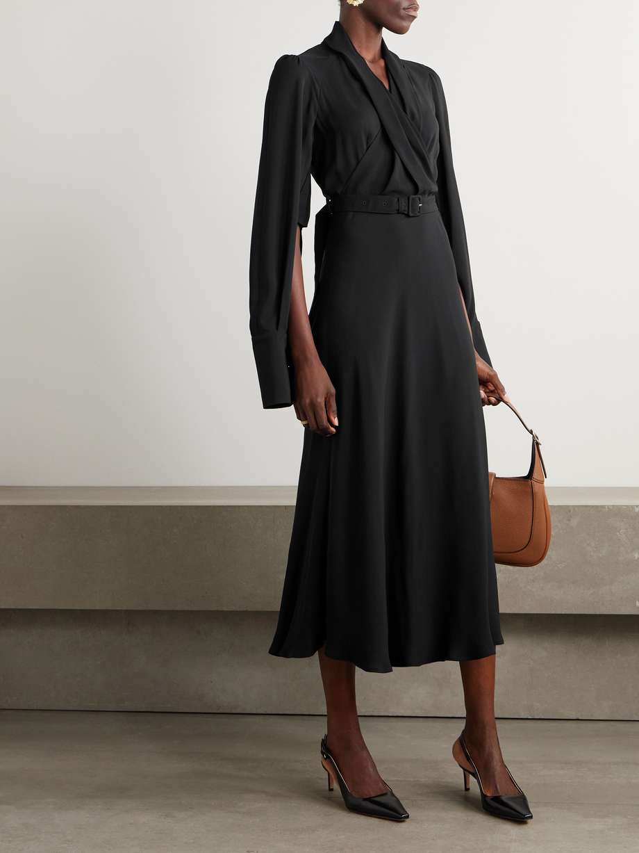belted draped wrap-effect recycled crepe midi dress