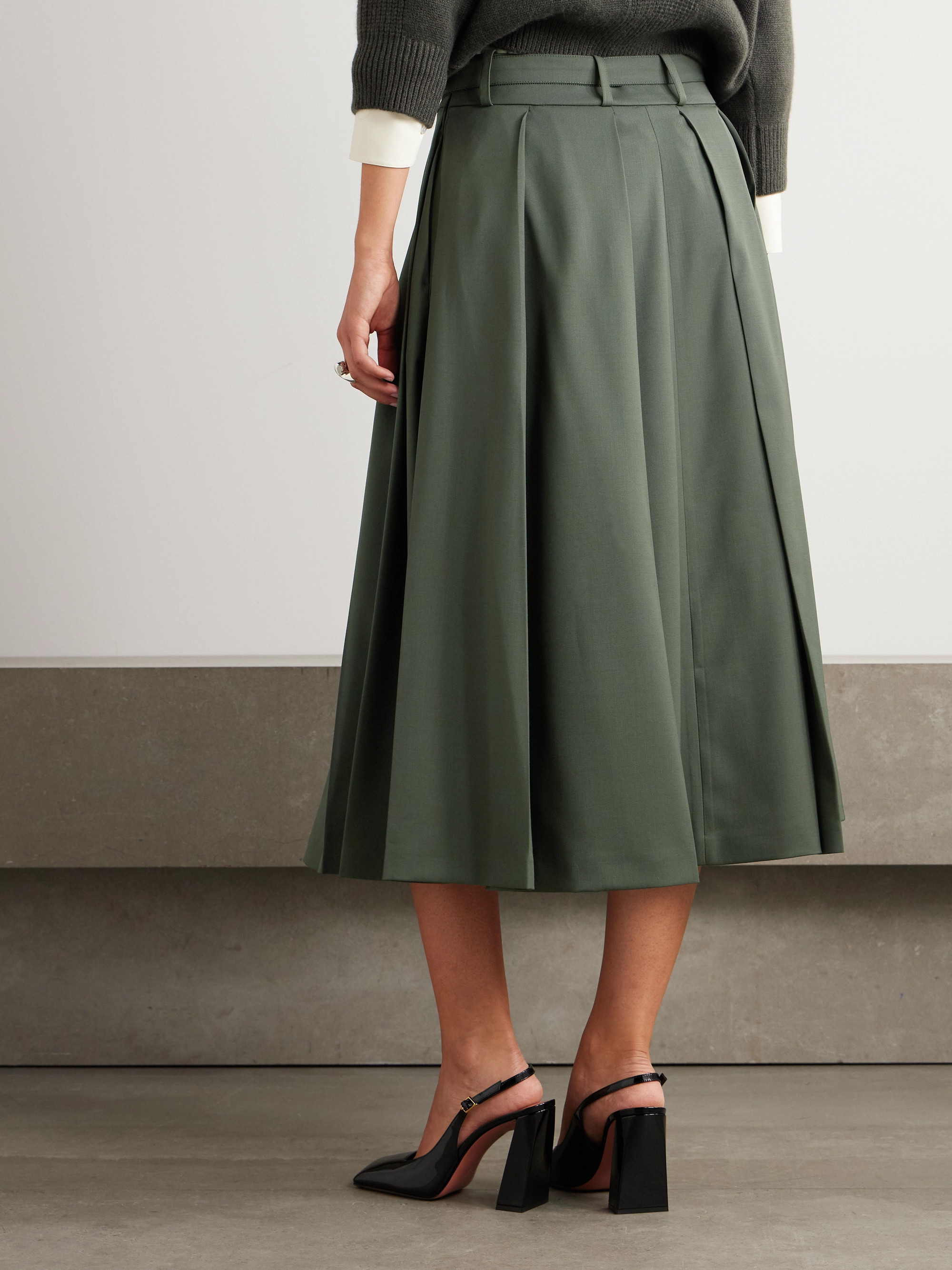 Patou Belted pleated stretch-wool twill midi skirt