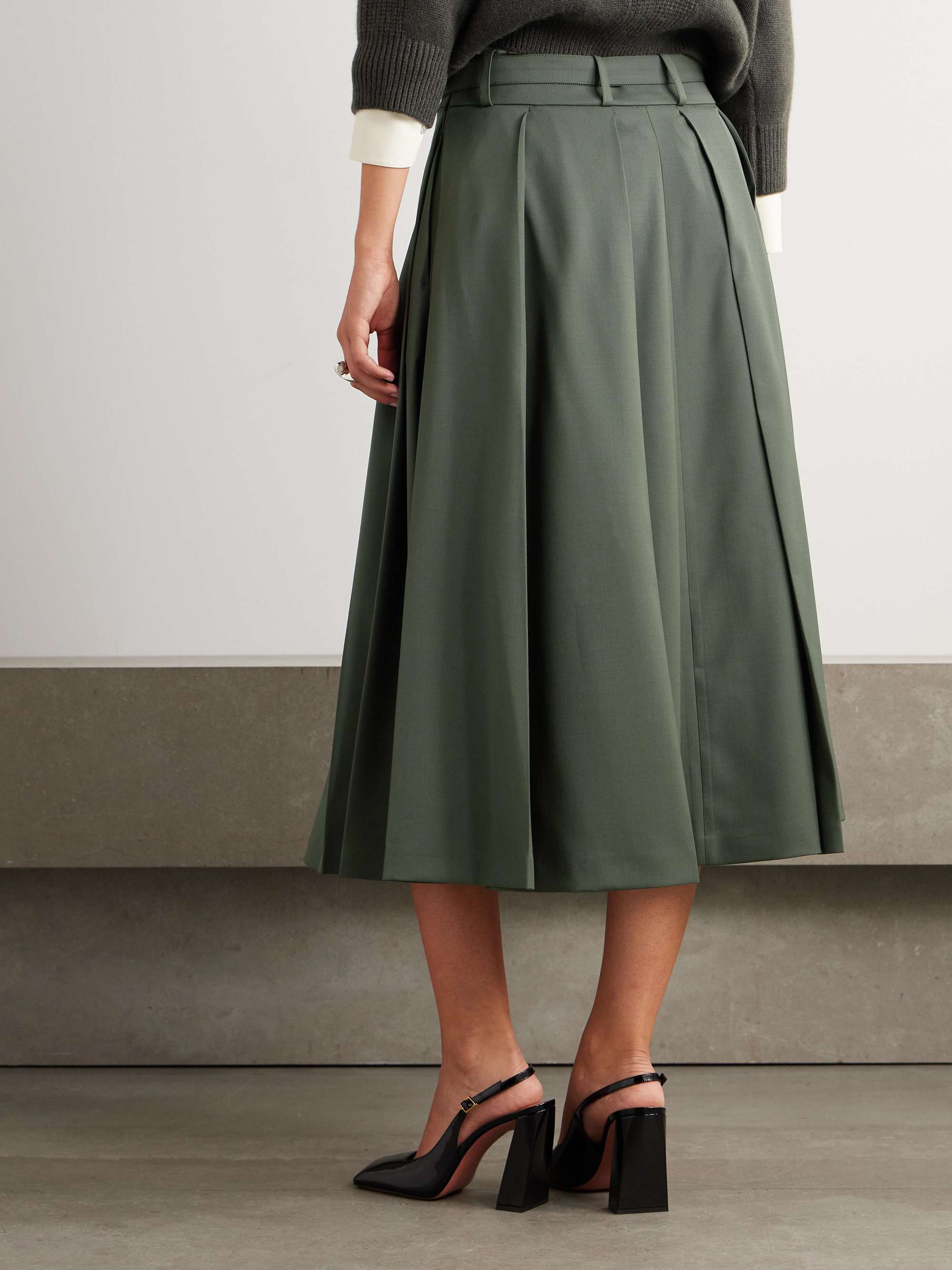Green Belted pleated stretch-wool twill midi skirt | PATOU