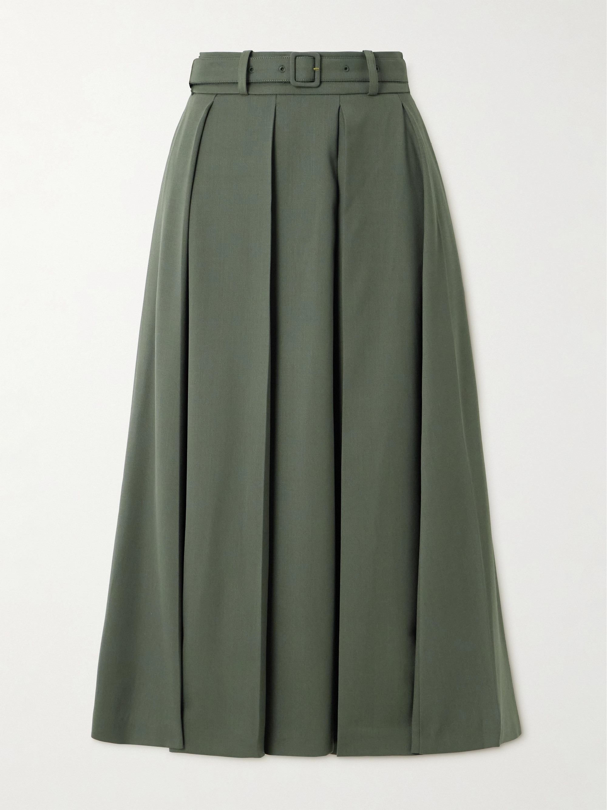 Patou Belted pleated stretch-wool twill midi skirt