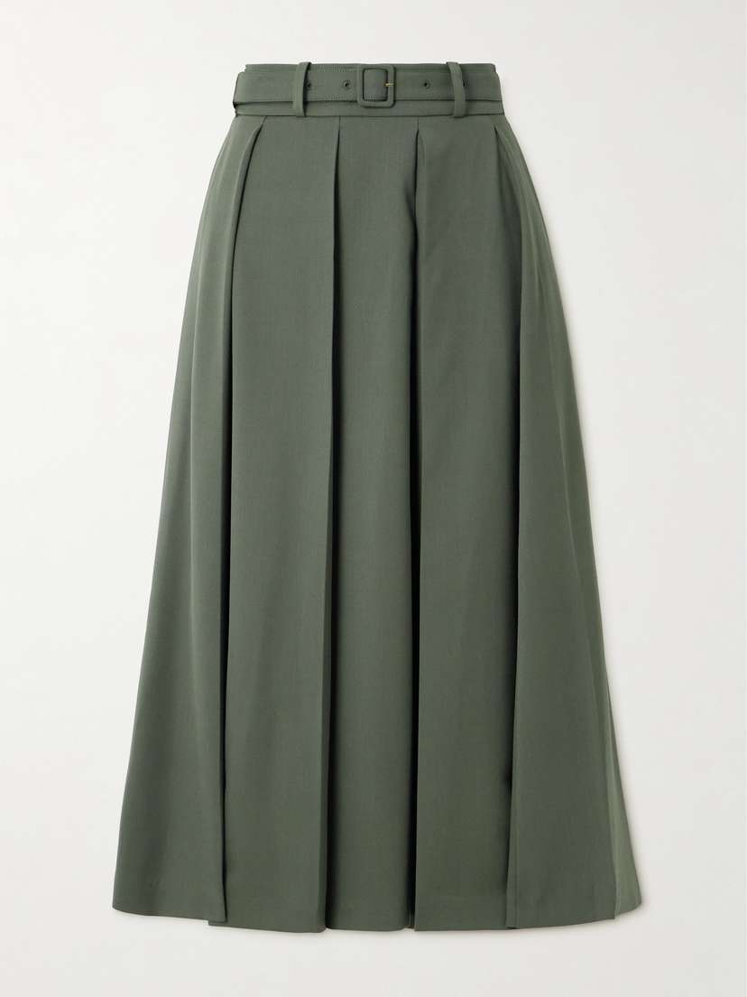 Patou Belted Pleated Stretch-wool Twill Midi Skirt