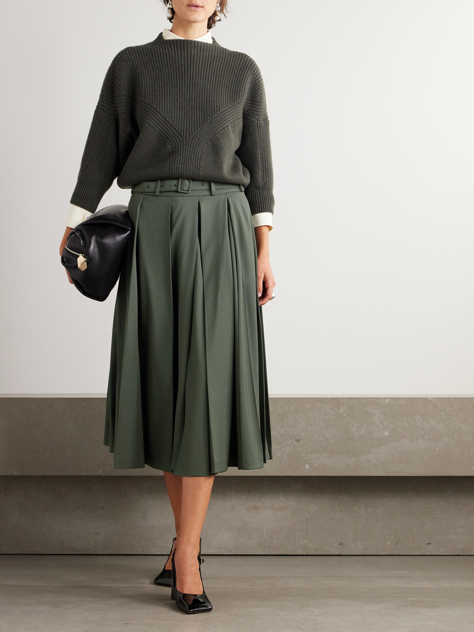 Patou Belted pleated stretch-wool twill midi skirt