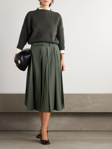Patou Belted pleated stretch-wool twill midi skirt