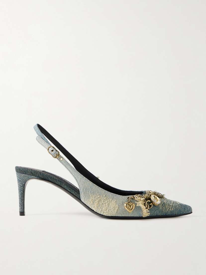 Dolce & Gabbana Embellished Frayed Distressed Denim Slingback Pumps