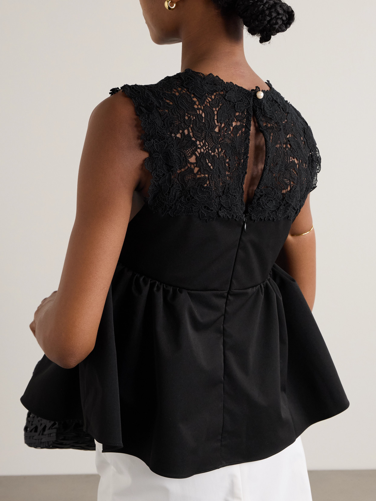 Ivonne Guipure Lace-Trimmed Twill Peplum Top