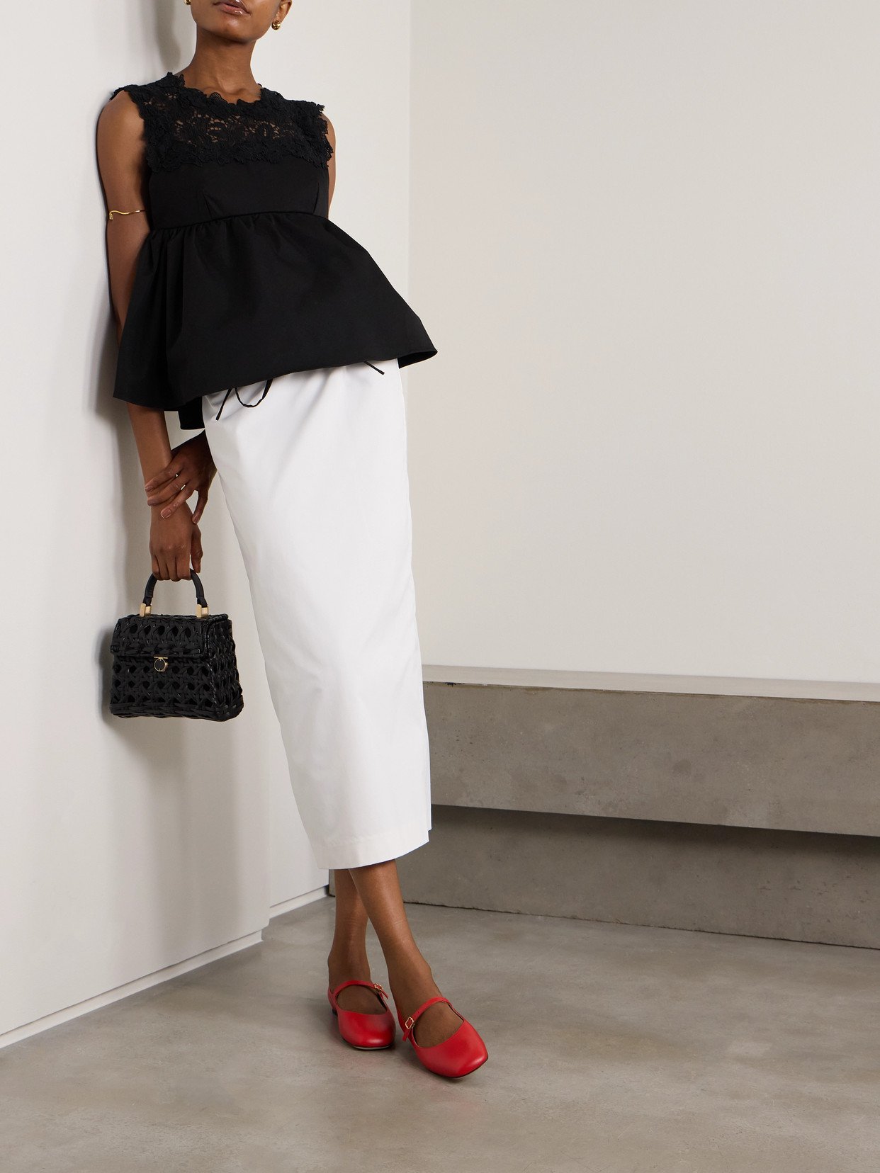 Ivonne Guipure Lace-Trimmed Twill Peplum Top