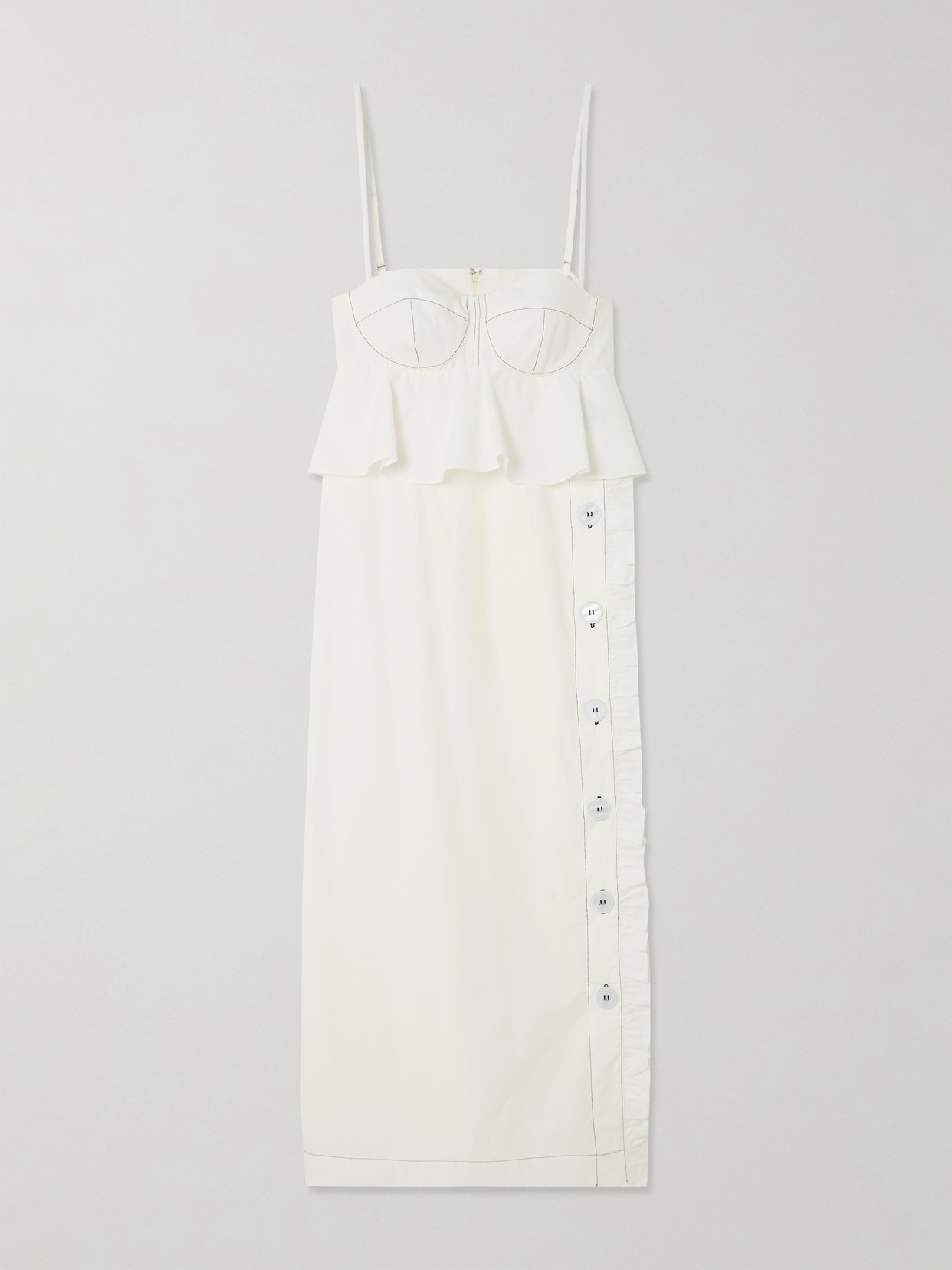 Kika Vargas Leymah Topstitched Ruffled Cotton-poplin Peplum Midi Dress In White