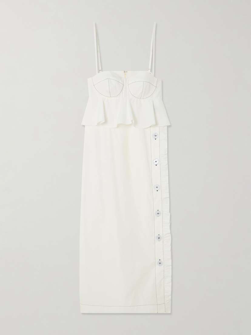 Kika Vargas Leymah Topstitched Ruffled Cotton-poplin Peplum Midi Dress