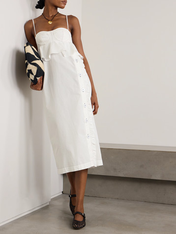 Kika Vargas Leymah topstitched ruffled cotton-poplin peplum midi dress