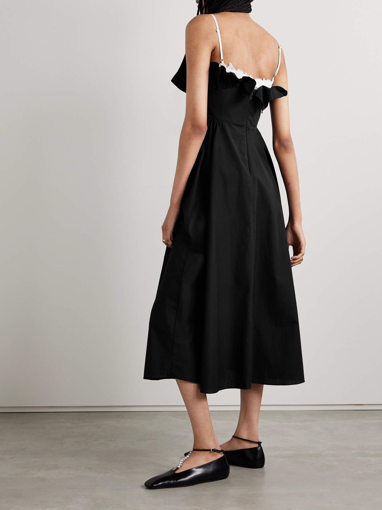 Kika Vargas Élisabeth Lace-trimmed Gathered Cotton-poplin Midi Dress In Black