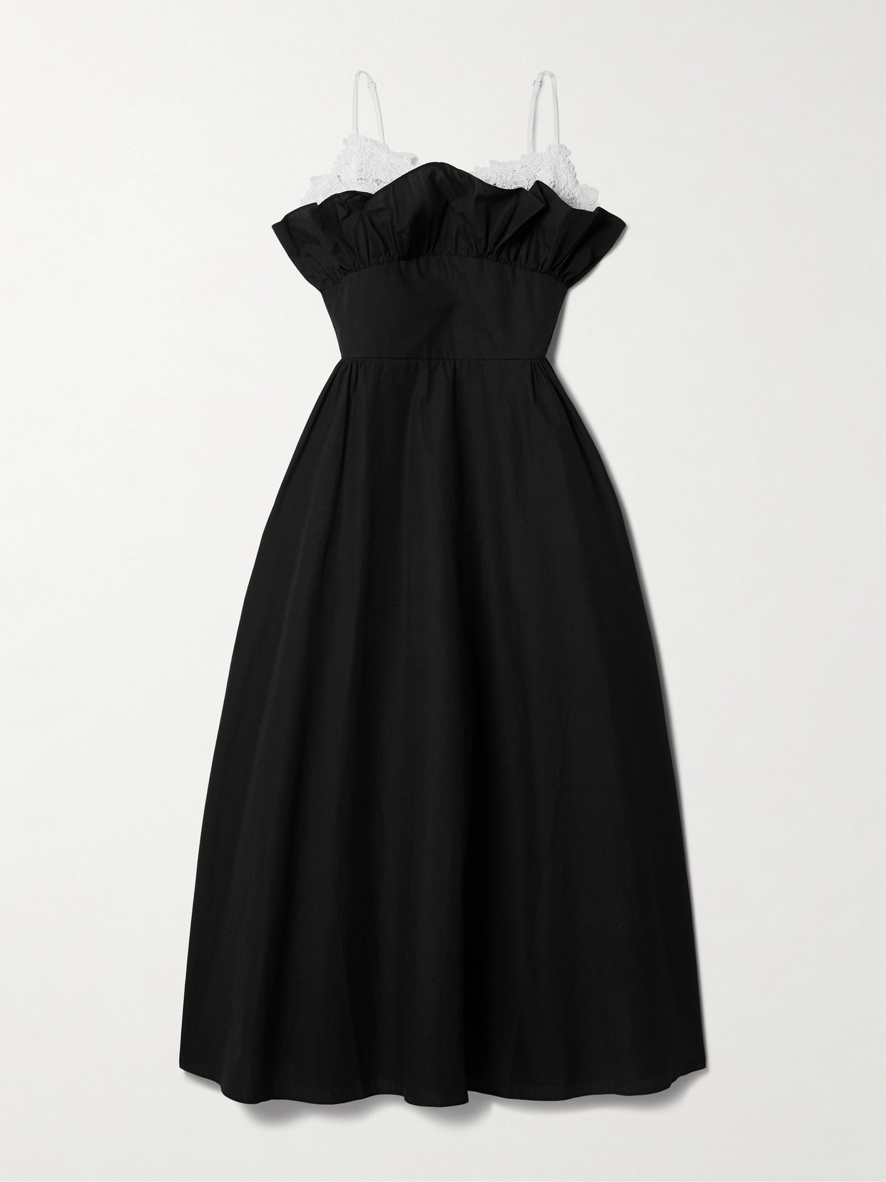 Kika Vargas Élisabeth Lace-trimmed Gathered Cotton-poplin Midi Dress In Black