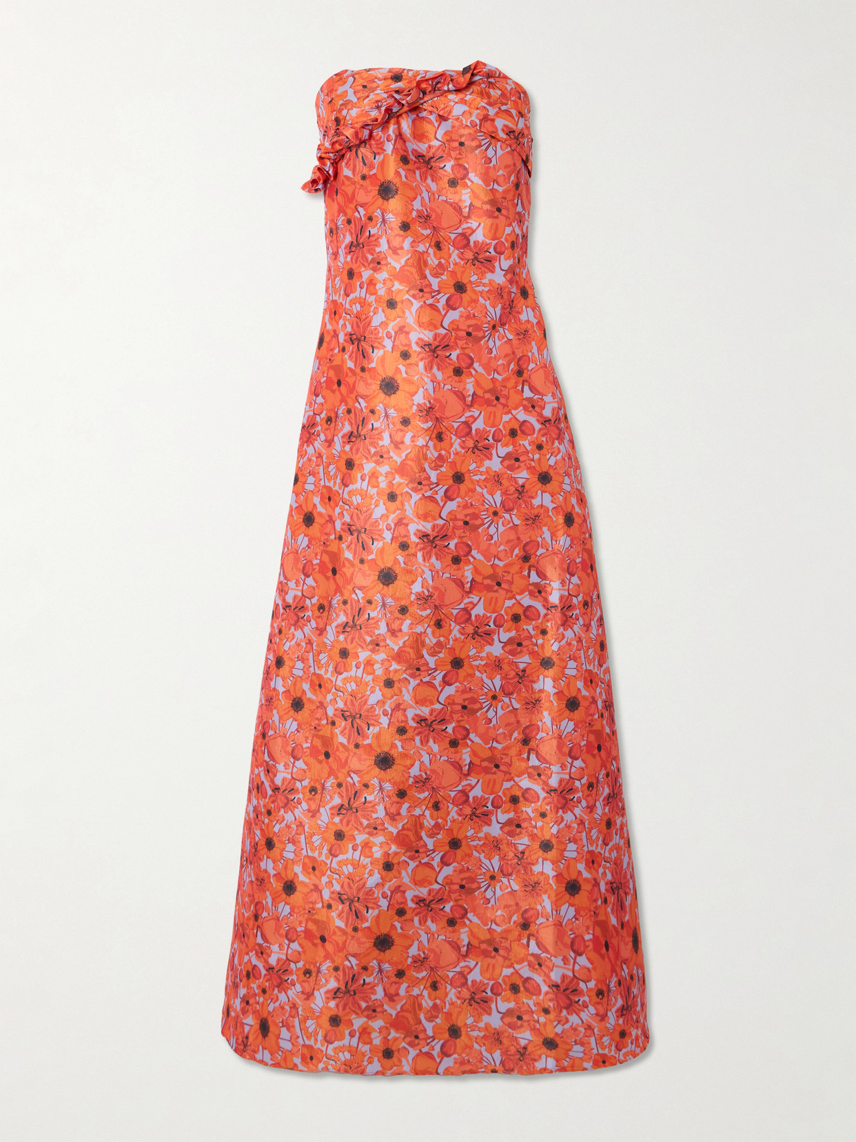 Kika Vargas Judy Strapless Ruffled Floral-print Taffeta Maxi Dress In Orange
