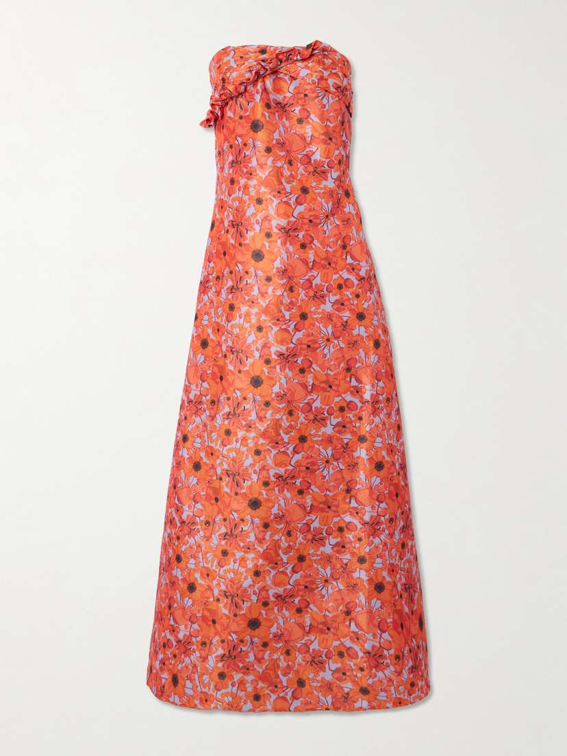 Kika Vargas Judy Strapless Ruffled Floral-print Taffeta Maxi Dress