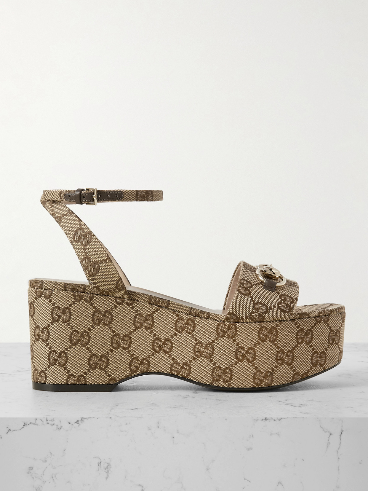 Gucci Lady Horsebit-embellished Canvas-jacquard Platform Sandals In Neutrals