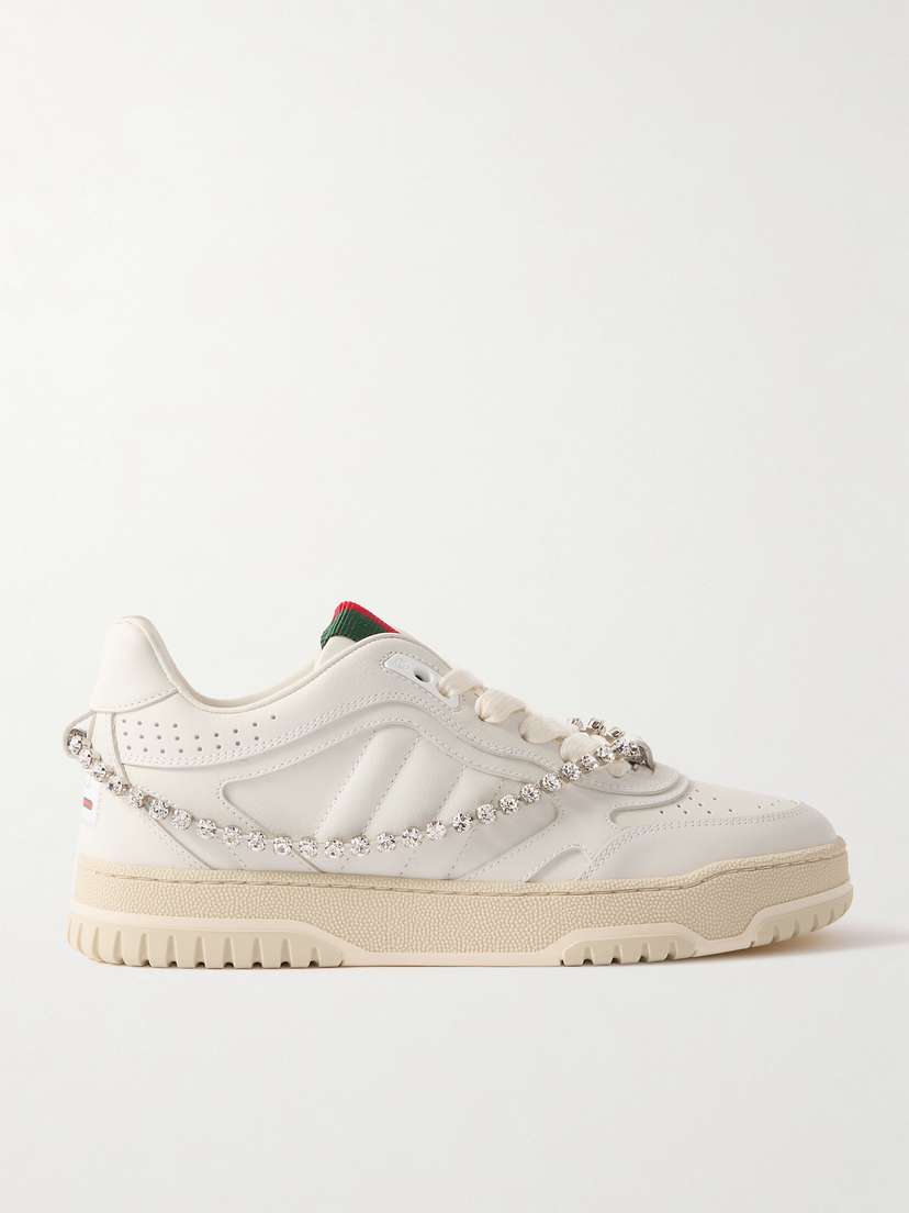 Gucci Re-web Grosgrain-trimmed Crystal-embellished Leather Sneakers