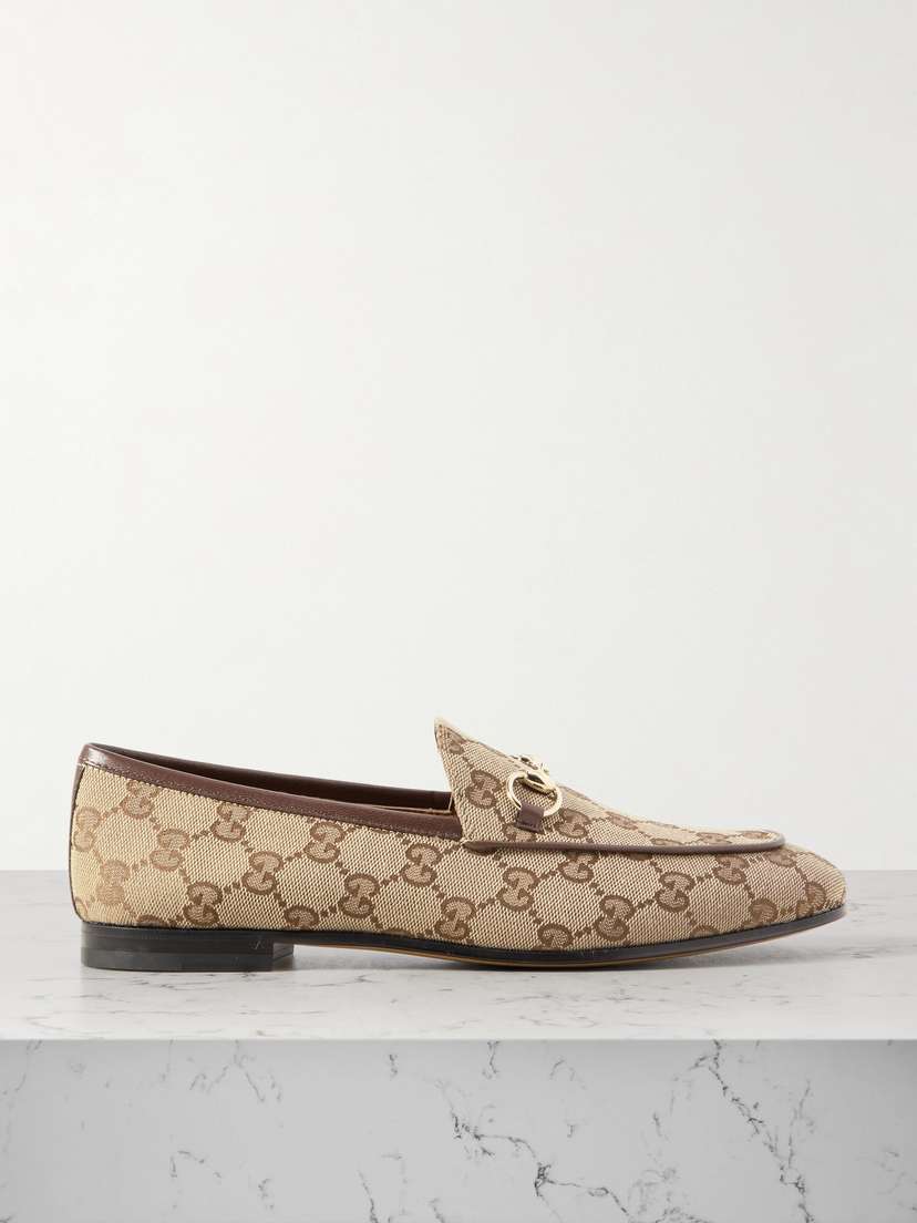 Gucci Jordaan Horsebit-detailed Leather-trimmed Canvas-jacquard Loafers