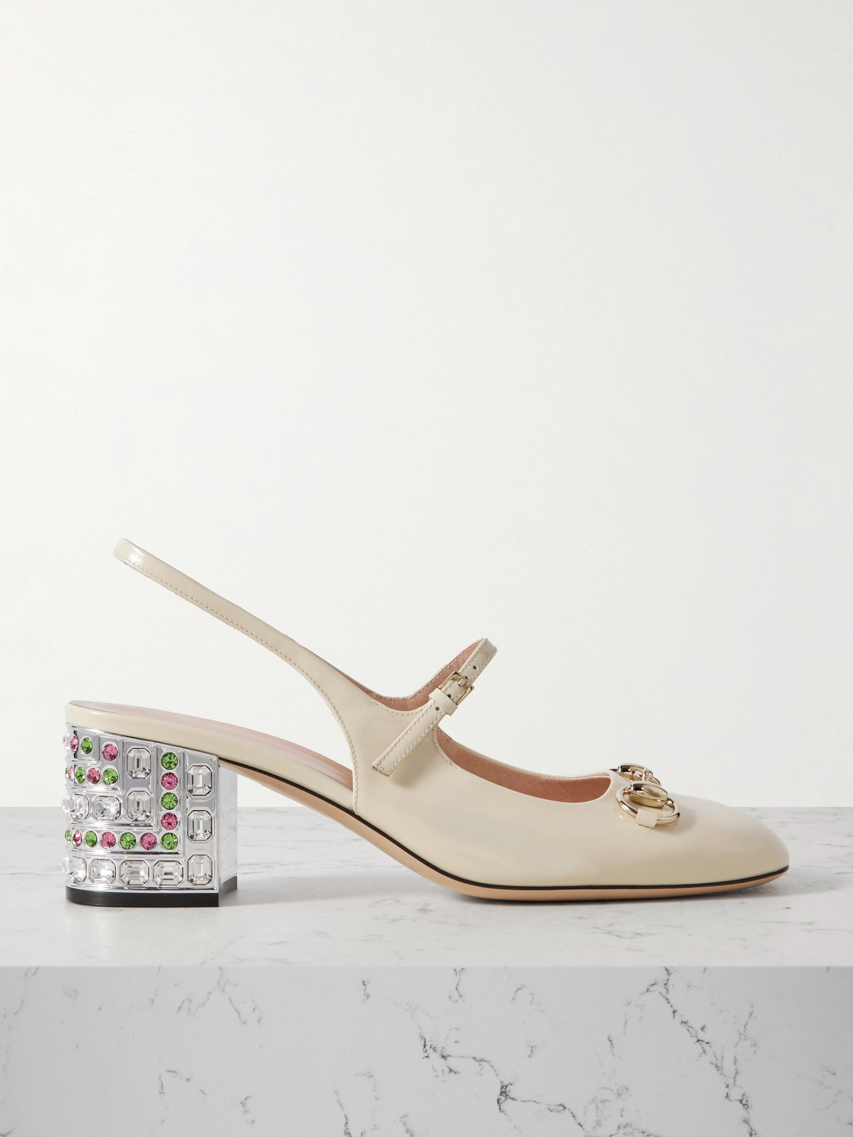 Gucci Lady Horsebit-detailed Crystal-embellished Patent-leather Mary Jane Pumps In Ivory