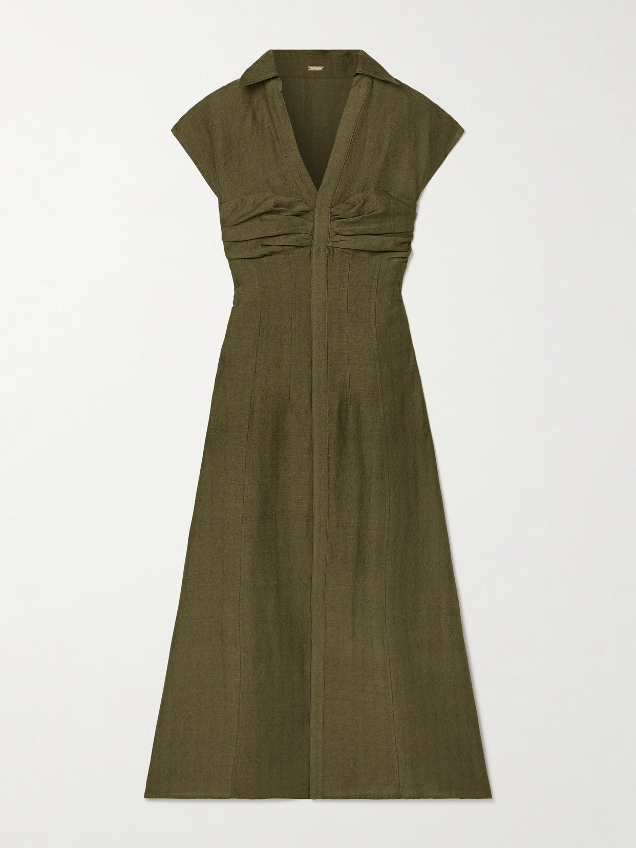 Cult Gaia Amora Gathered Pintucked Slub Woven Midi Dress In Green