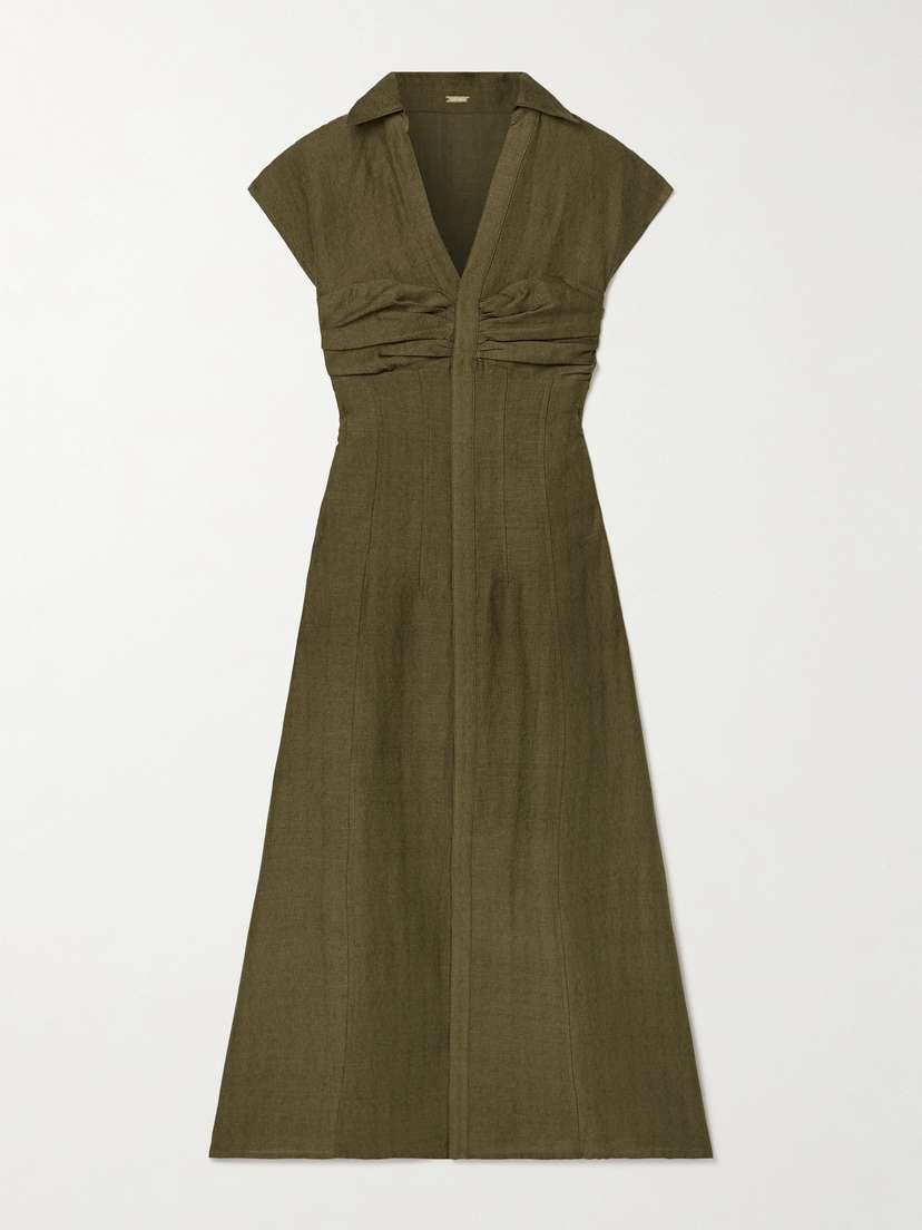 Cult Gaia Amora Gathered Pintucked Slub Woven Midi Dress