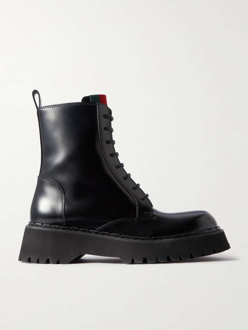 Gucci Thea Webbing-trimmed Glossed-leather Ankle Boots