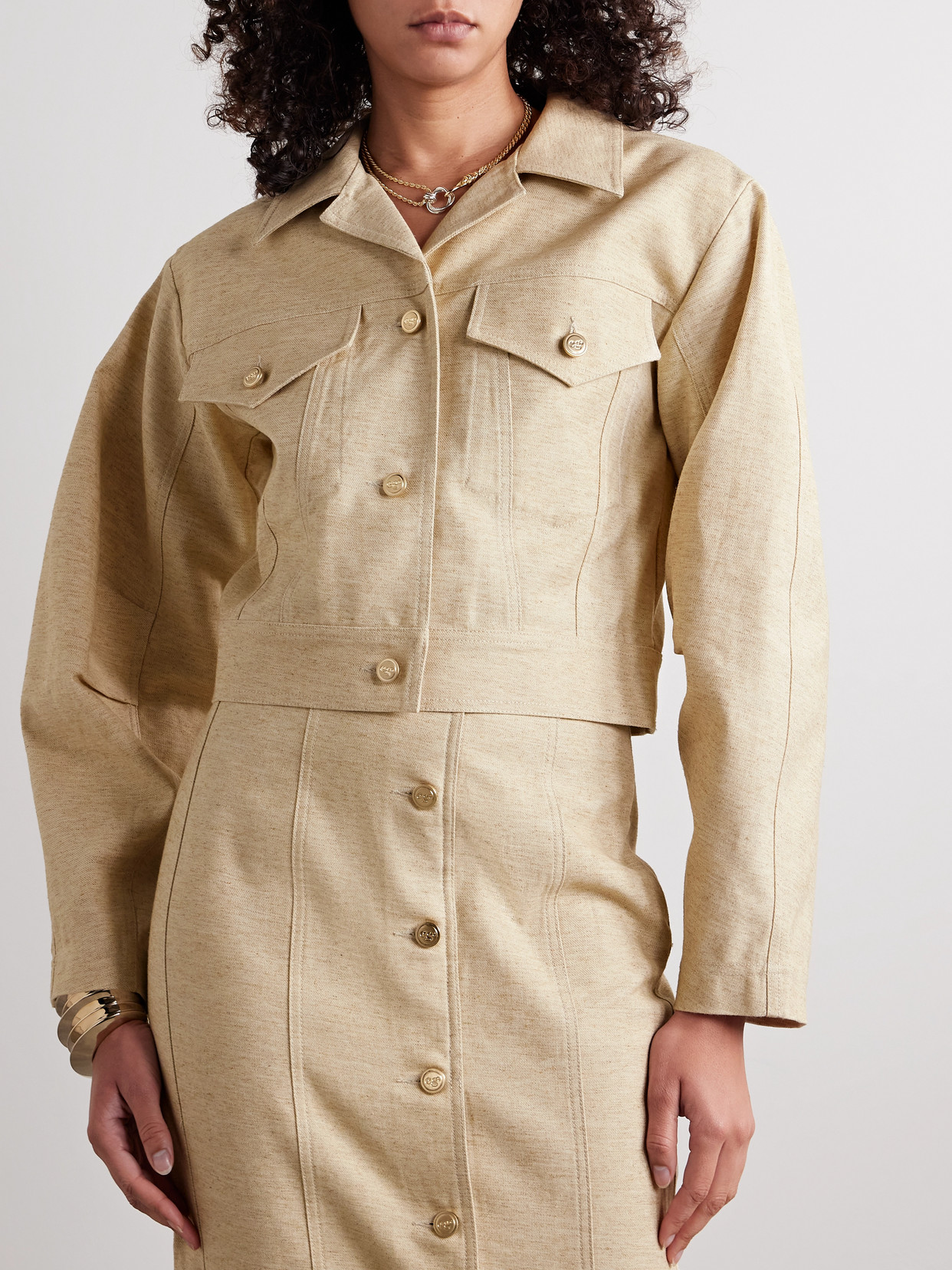 Cult Gaia Daphne Cropped Cotton And Linen-blend Twill Jacket In Neutrals