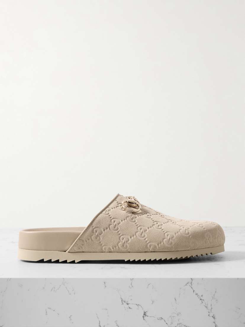 Gucci Sol Horsebit-detailed Debossed Leather-trimmed Suede Slippers