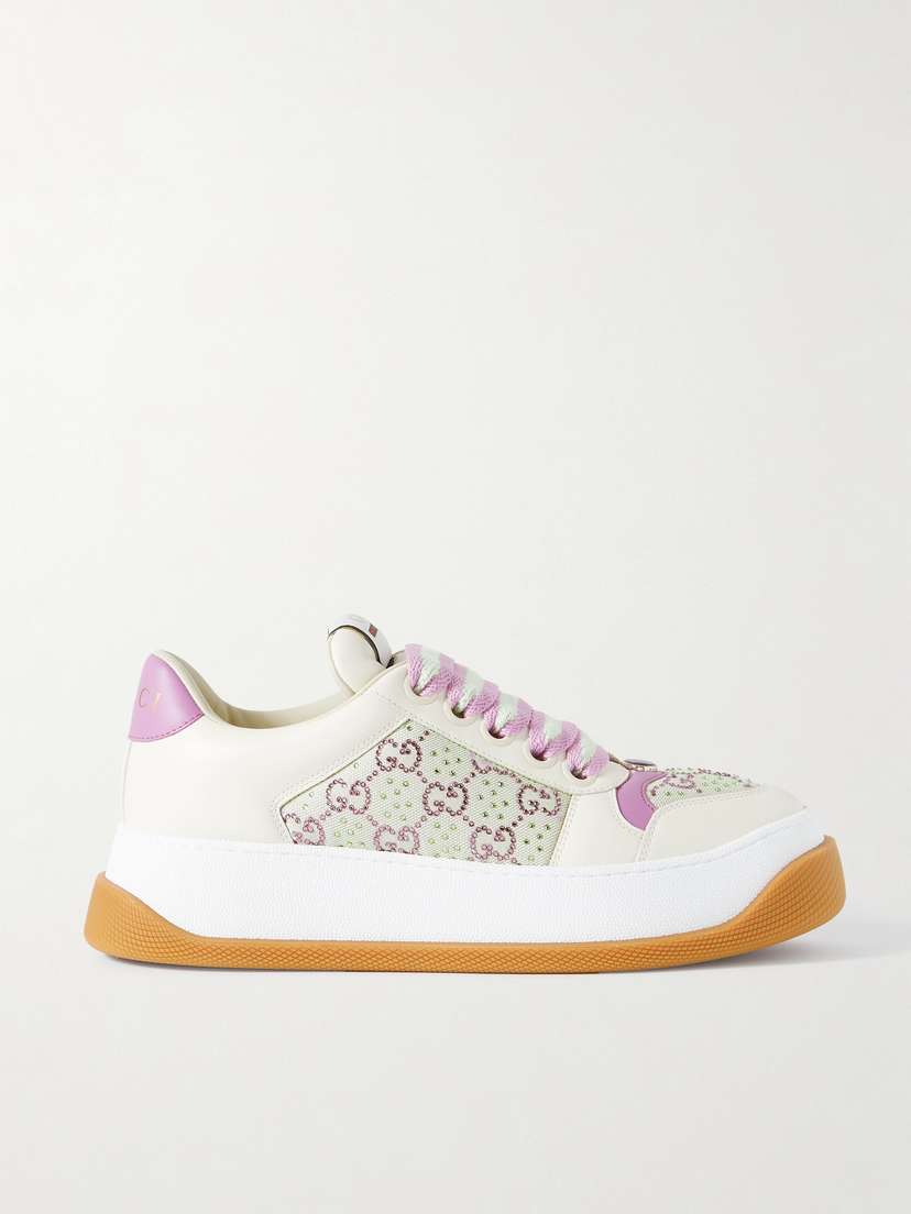 Gucci Double Screener Crystal-embellished Coated Cotton-canvas And Leather Sneakers
