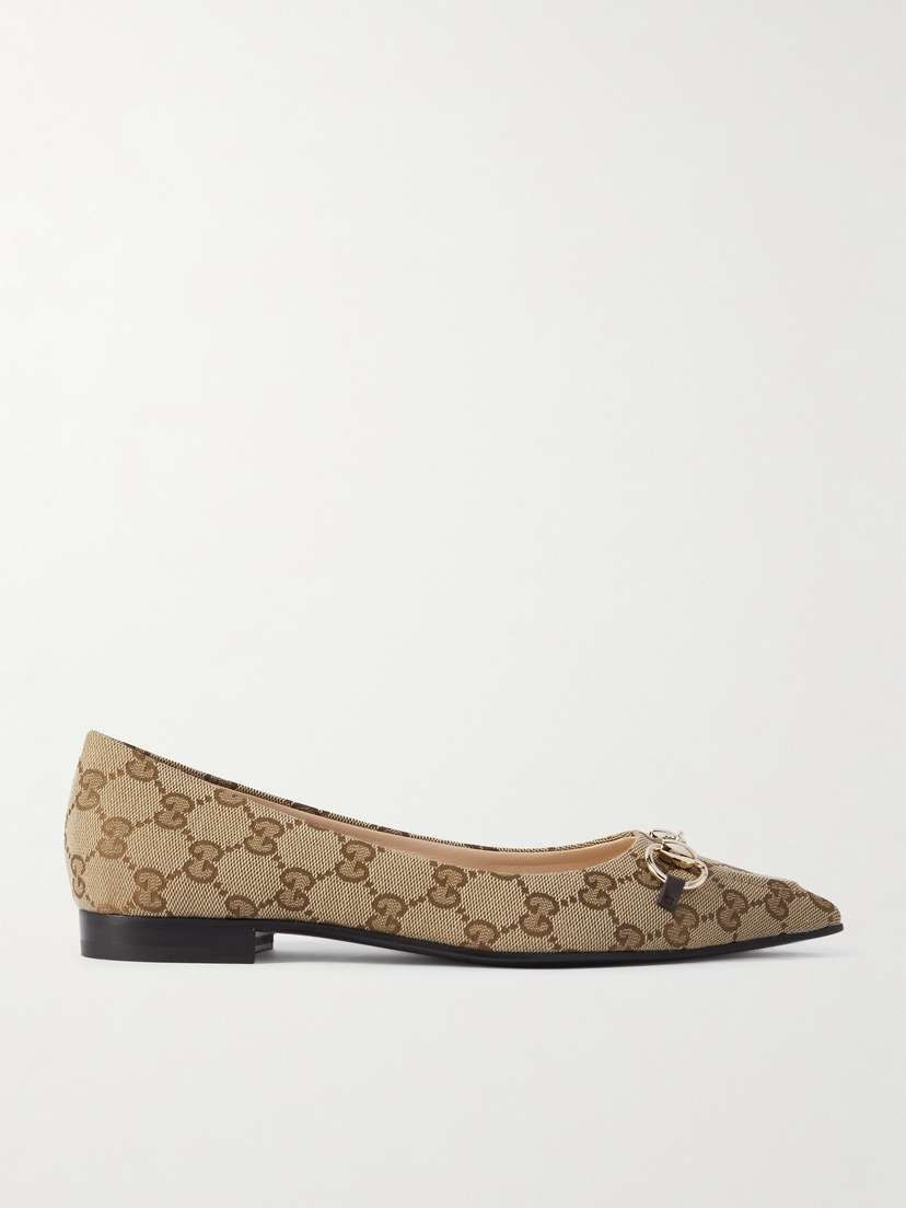 Gucci Erin Horsebit-embellished Canvas-jacquard Point-toe Flats