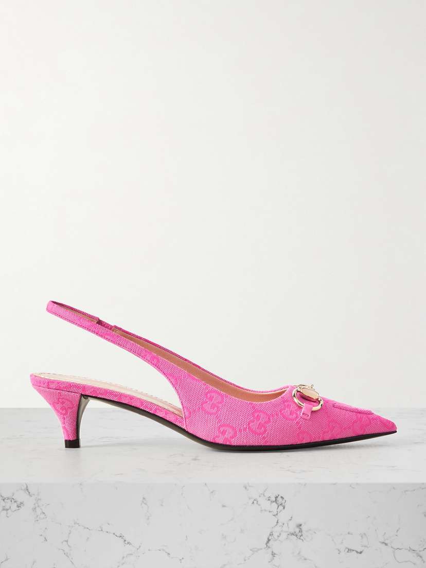 Gucci Erin Horsebit-detailed Canvas-jacquard Slingback Pumps