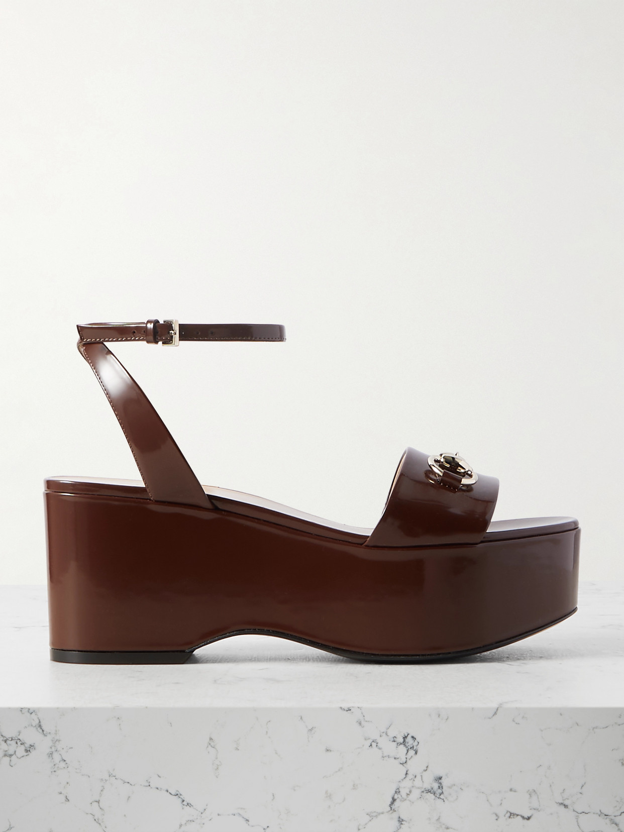 Gucci Lady Horsebit-embellished Patent-leather Platform Sandals In Brown