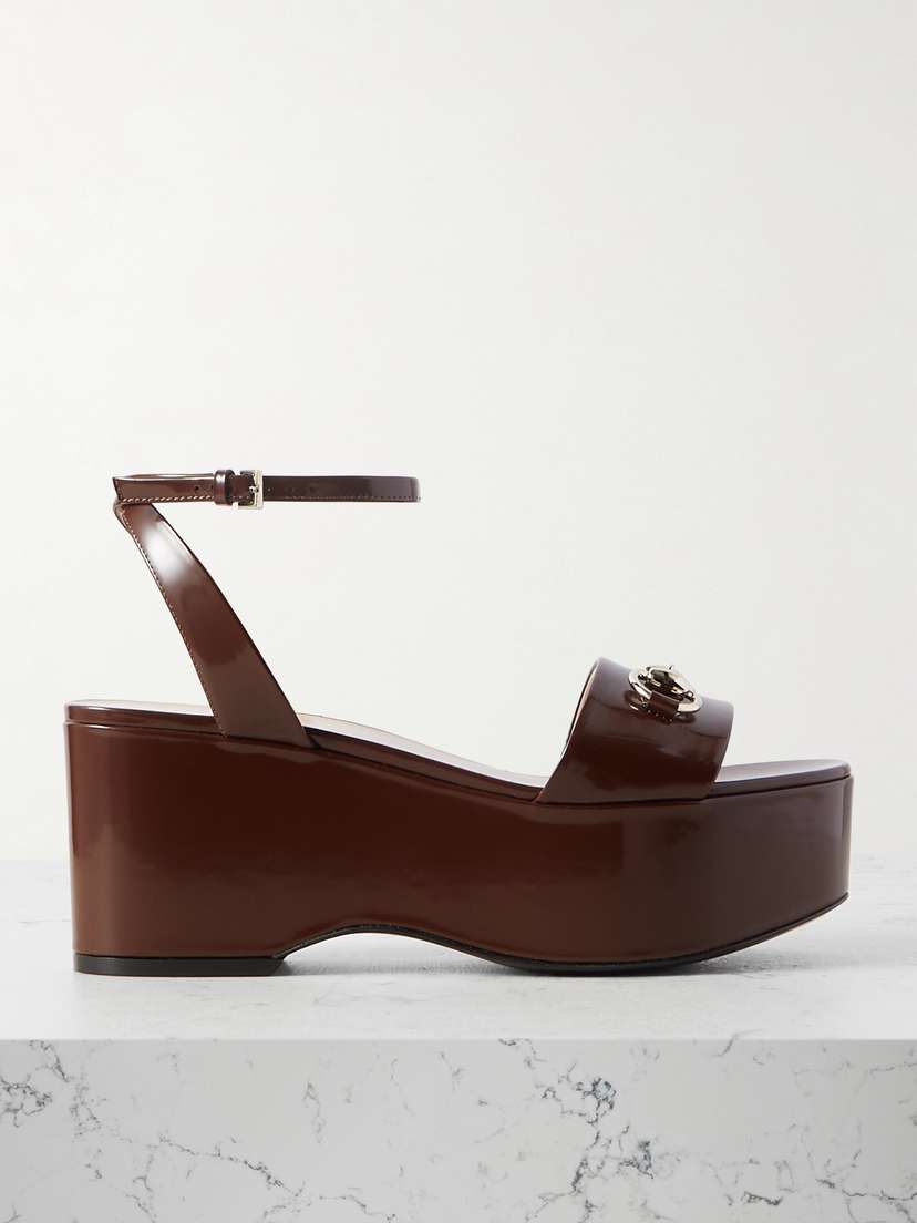 Gucci Lady Horsebit-embellished Patent-leather Platform Sandals