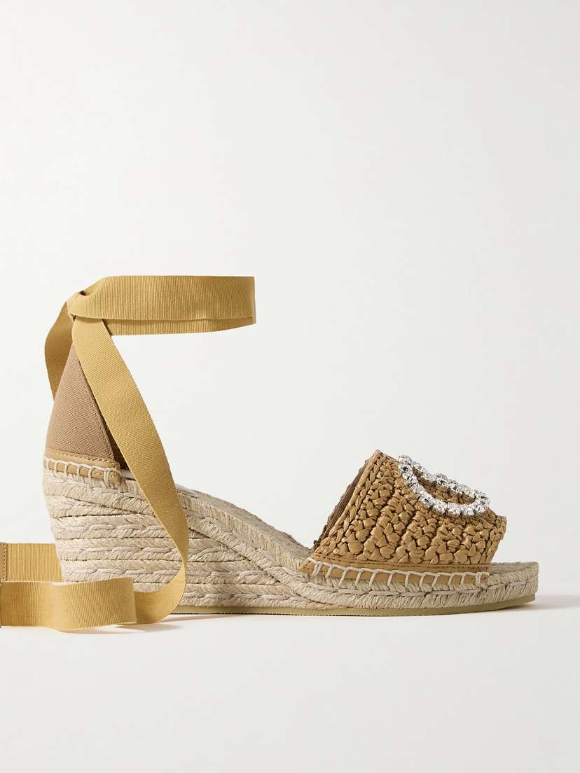 Gucci Cora Crystal-embellished Canvas And Raffia Espadrille Wedge Sandals