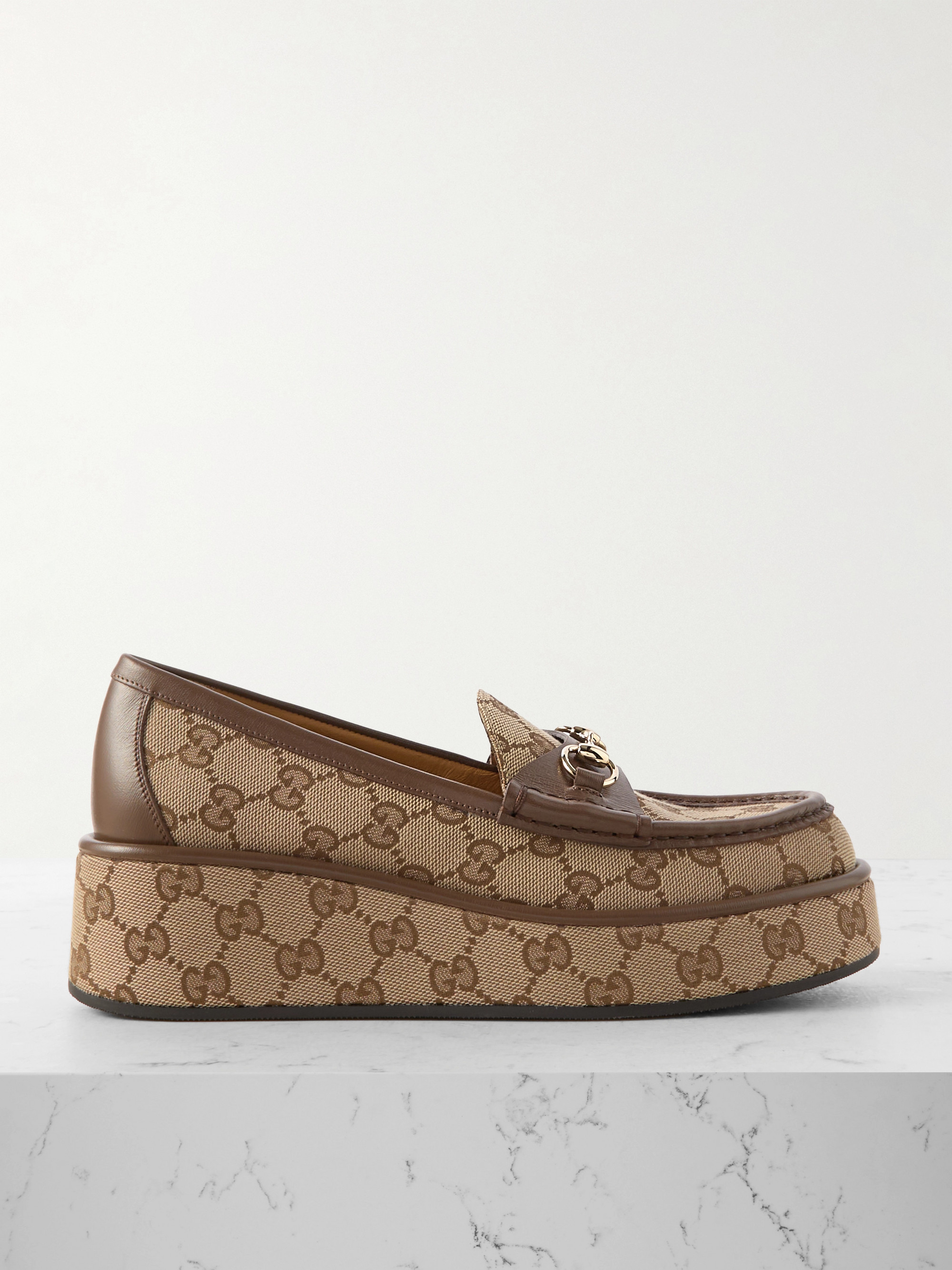 Gucci - Ilde leather-trimmed canvas-jacquard platform moccasin | Plush