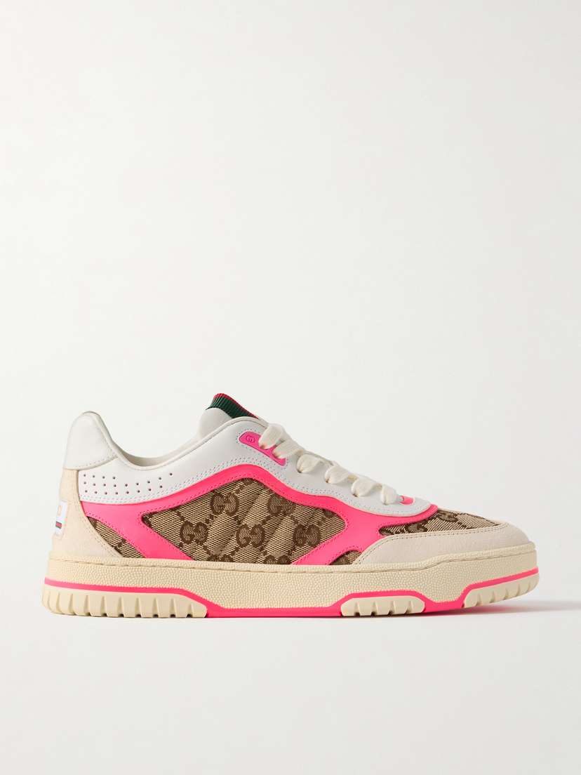 Gucci Re-web Suede, Neon Leather And Canvas-jacquard Sneakers