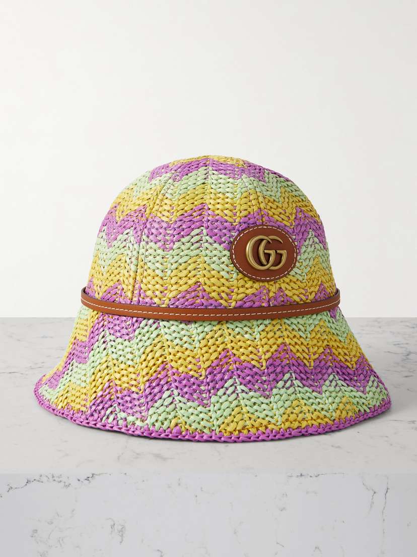 Gucci Embellished eather-trimmed Straw Bucket Hat