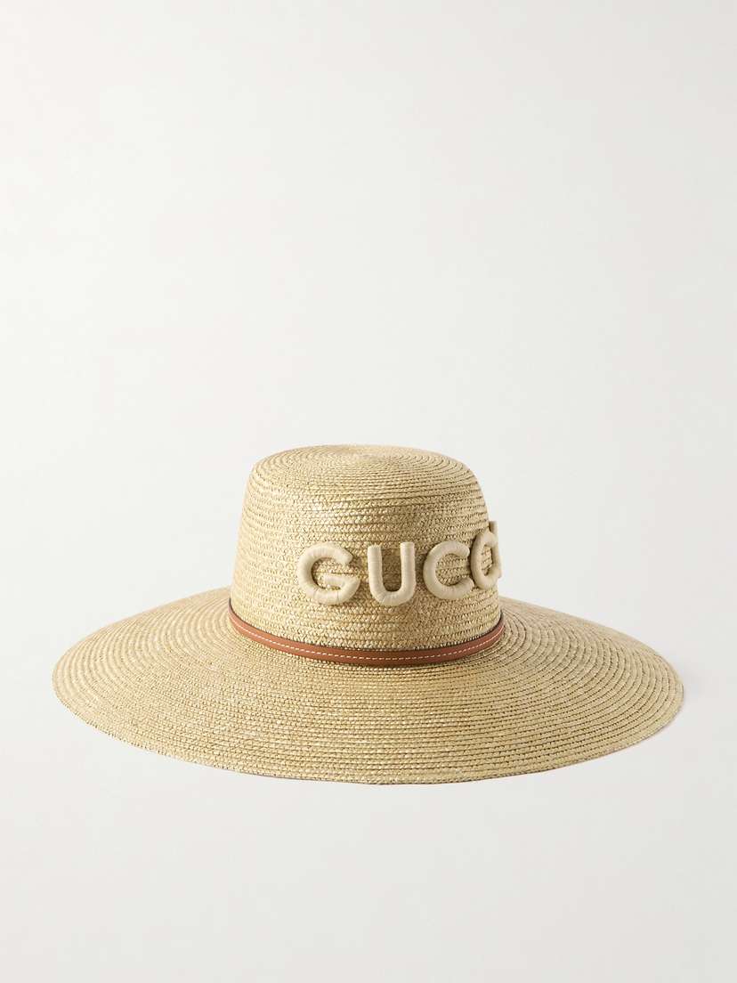 Gucci Appliquéd eather-trimmed Straw Hat