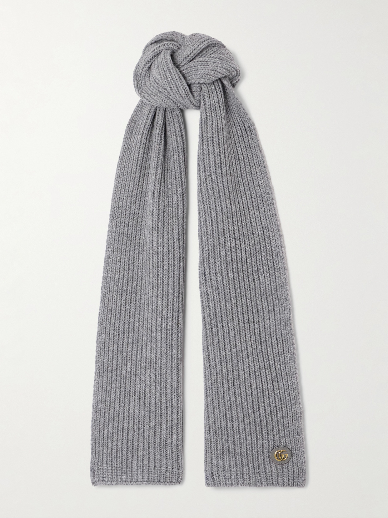 Gucci - Embellished Leather-trimmed Ribbed Wool And Cashmere-blend Scarf - Gray