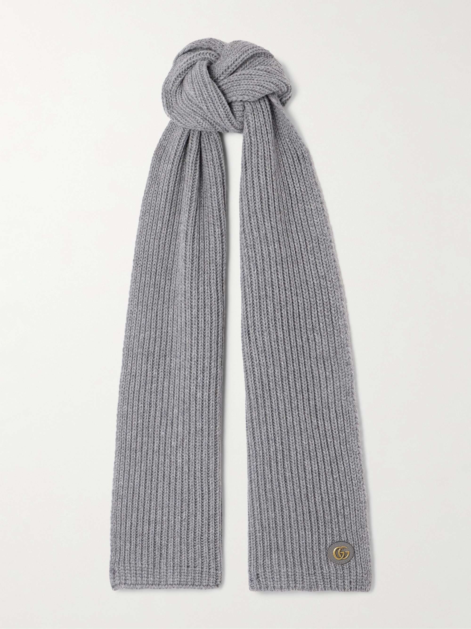 GUCCI Embellished leather-trimmed ribbed wool and cashmere