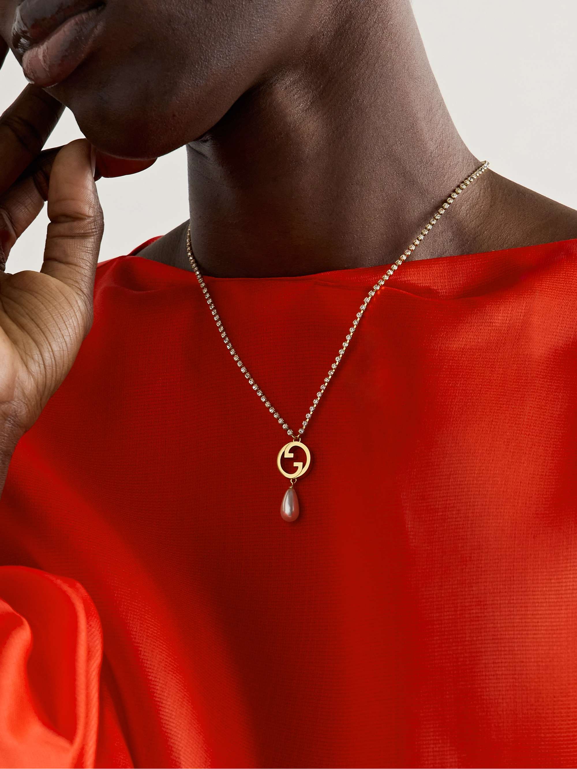 GUCCI フェイクパール＆クリスタル ネックレス ゴールドトーン