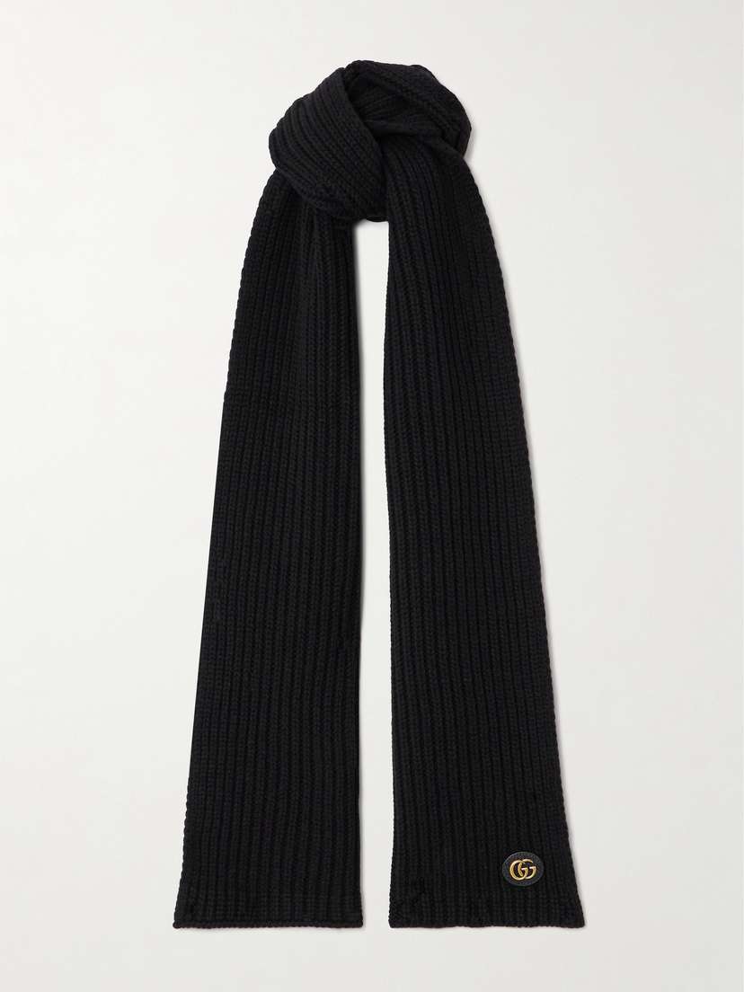Gucci Embellished Leather-trimmed Ribbed Wool And Cashmere-blend Scarf