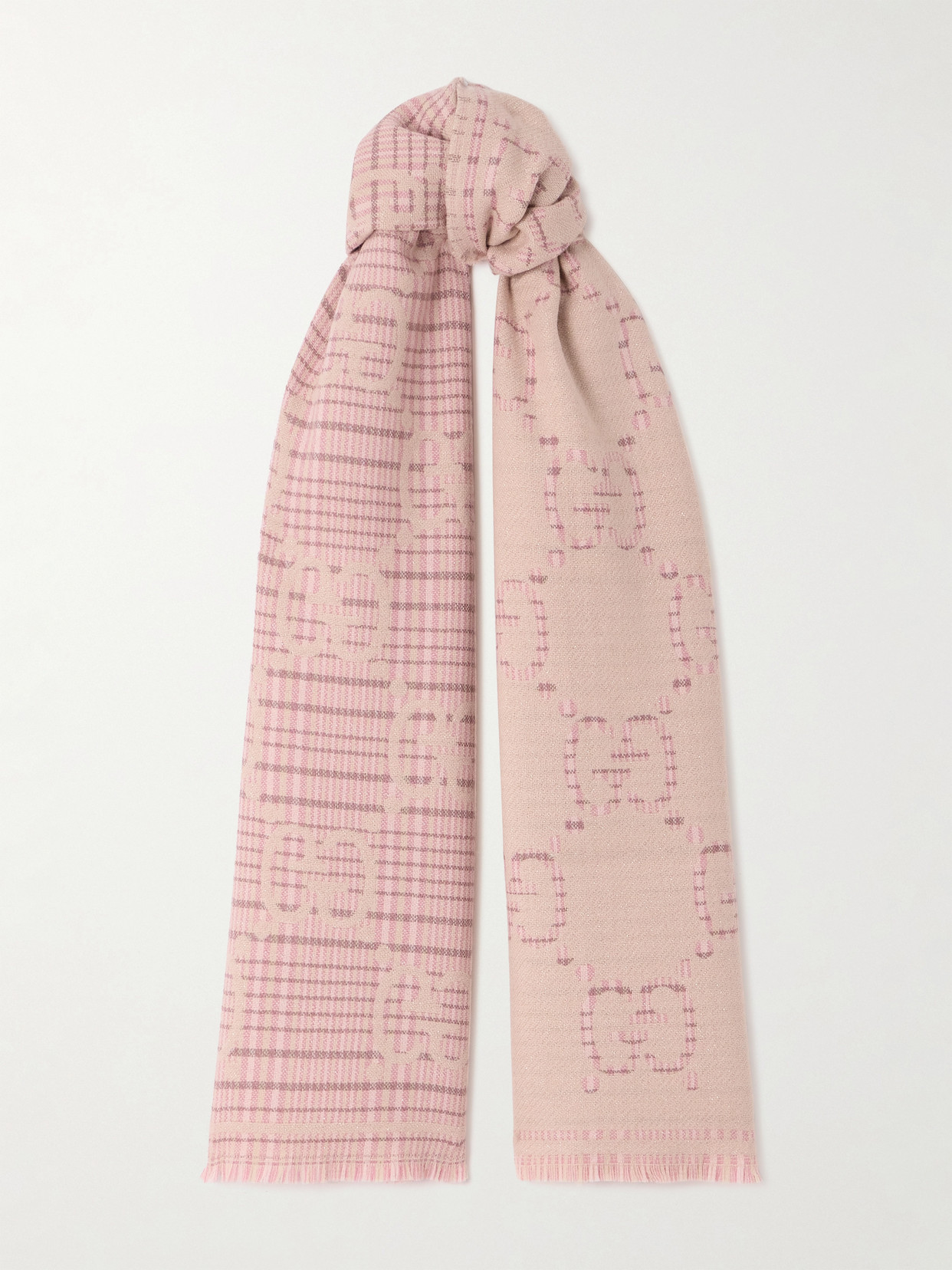Gucci Reversible Fringed Metallic Wool-blend Jacquard Scarf In Pink