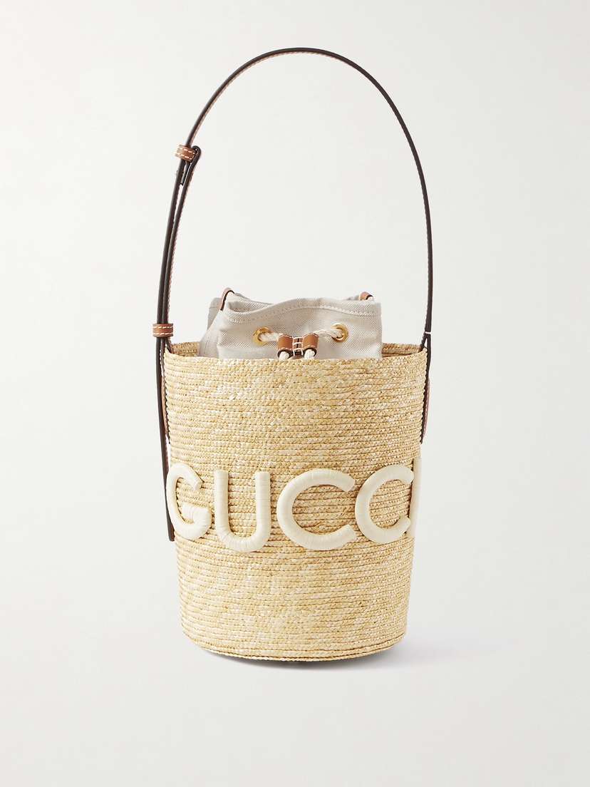Gucci Leather-trimmed Appliquéd Raffia Bucket Bag