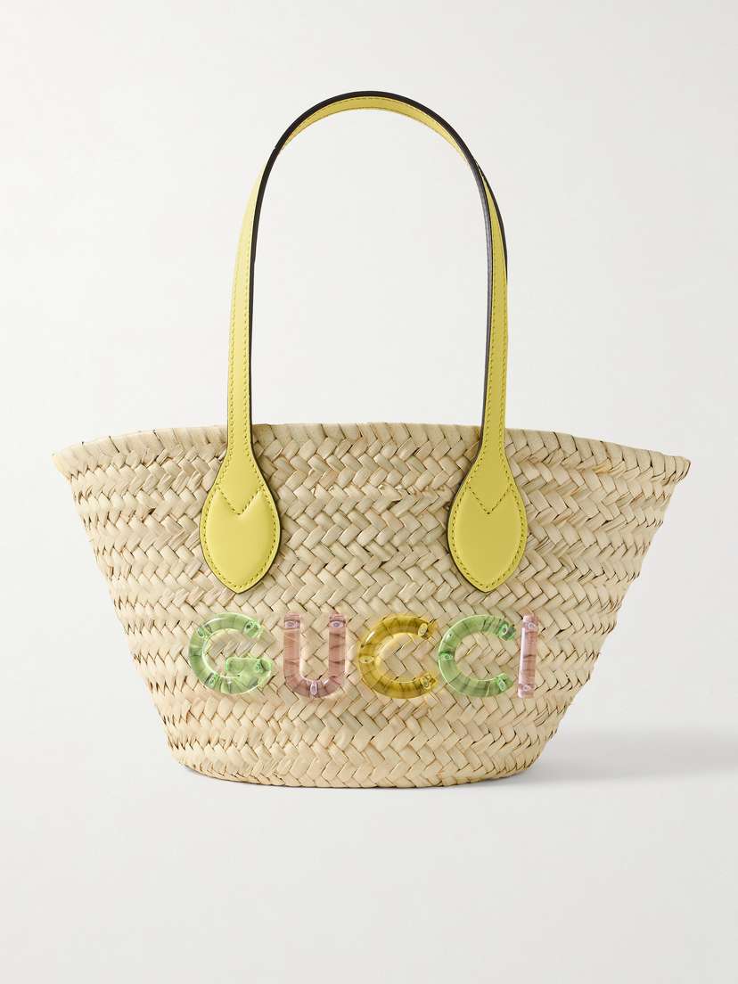 Gucci Pvc-embellished Leather-trimmed Raffia Shoulder Bag