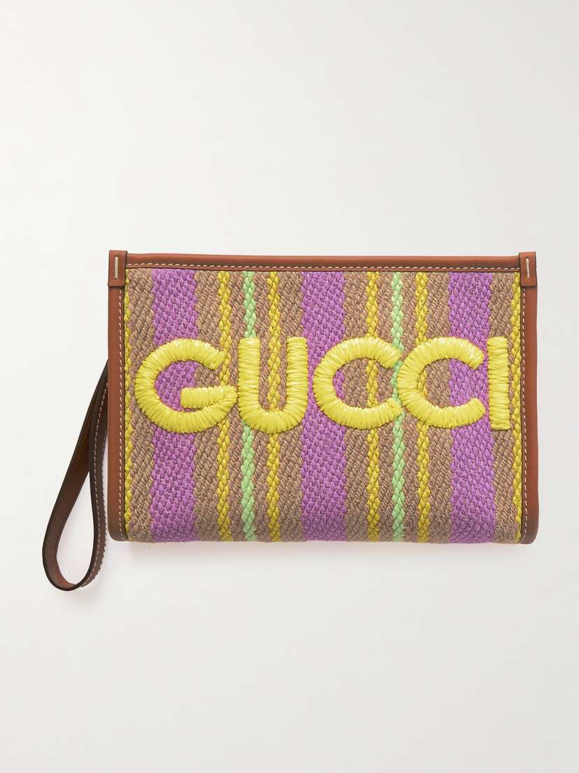 Gucci Leather-trimmed Embroidered Raffia Pouch