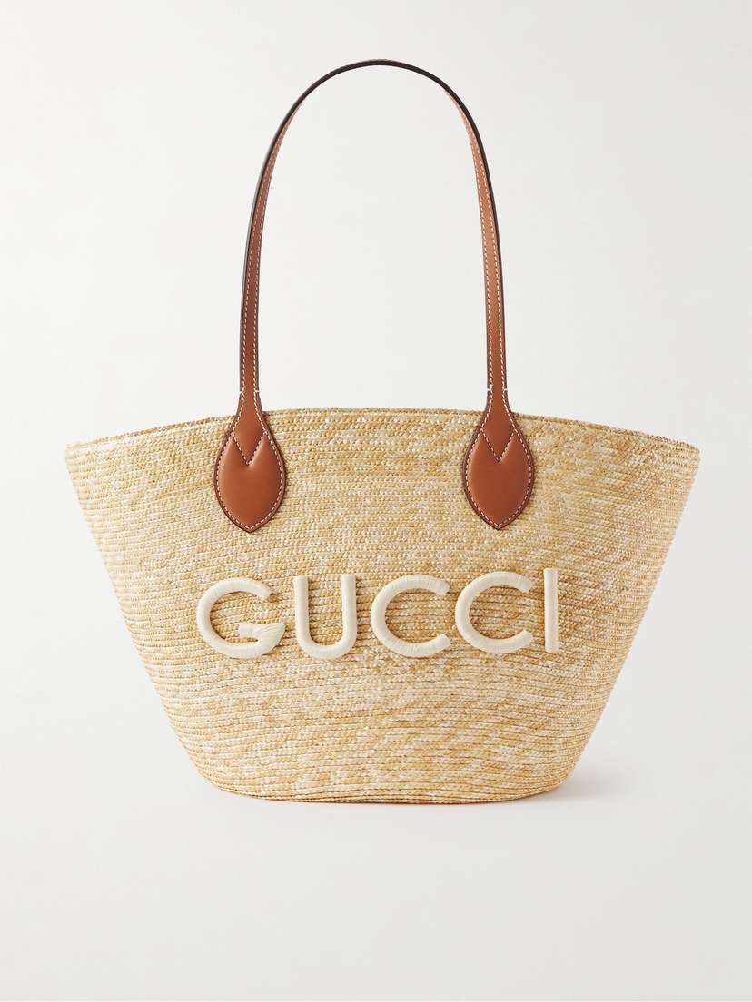 Gucci Leather-trimmed Appliquéd Raffia Tote