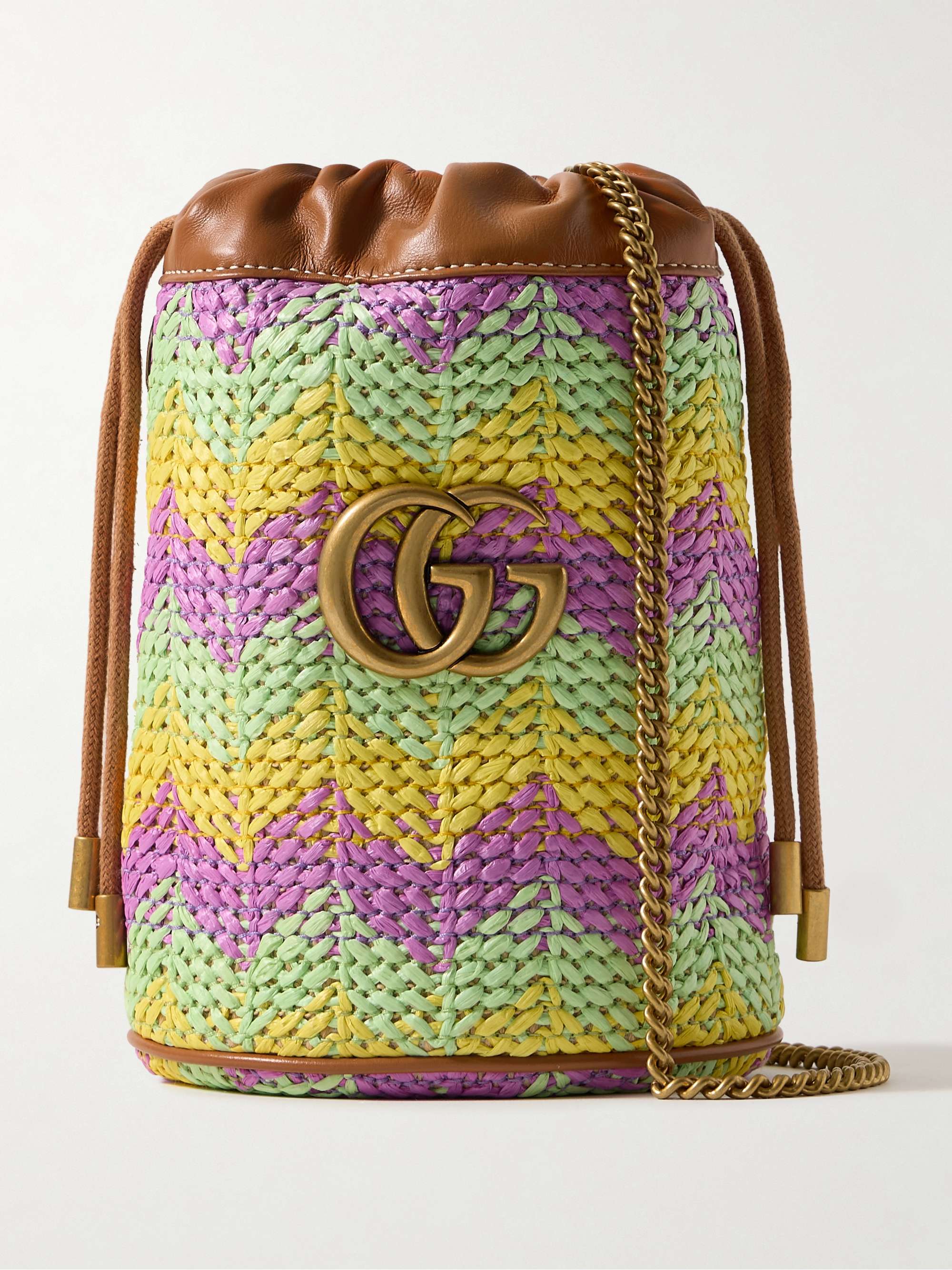 Leather trimmed straw bucket bag multi One Size