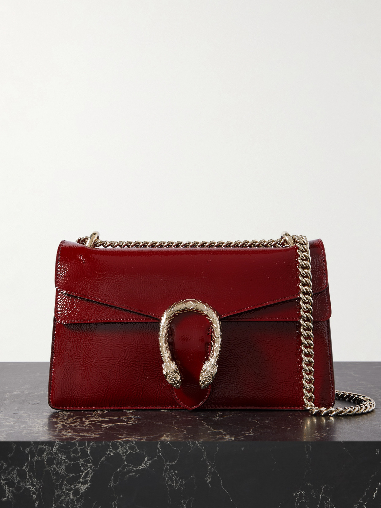 Gucci Dionysus Embellished Patent-leather Shoulder Bag In Burgundy