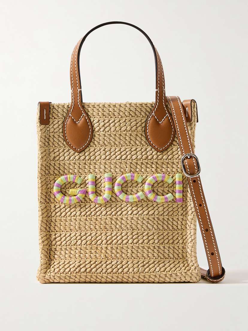Gucci Mini Leather-trimmed Appliquéd Raffia Tote