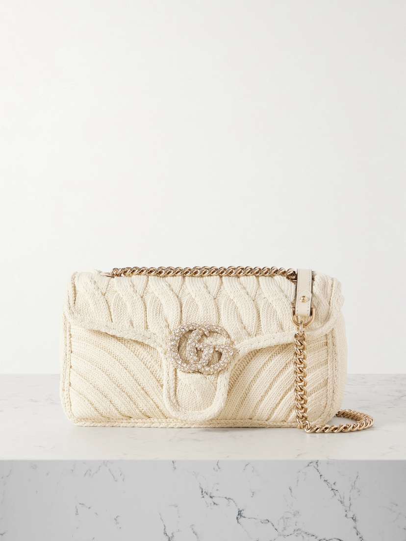 Gucci Gg Marmont 2.0 Crystal-embellished Leather-trimmed Cable-knit Shoulder Bag